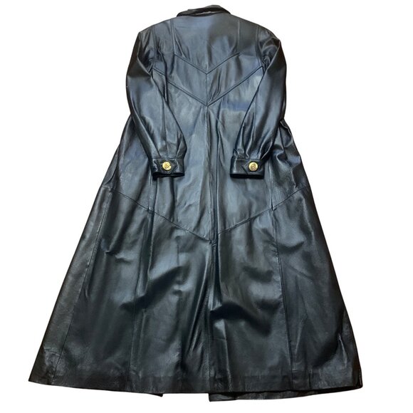 Womens Black Leather Long Trench Coat Gold Button NOS Goth Matrix Steampunk - Picture 9 of 12